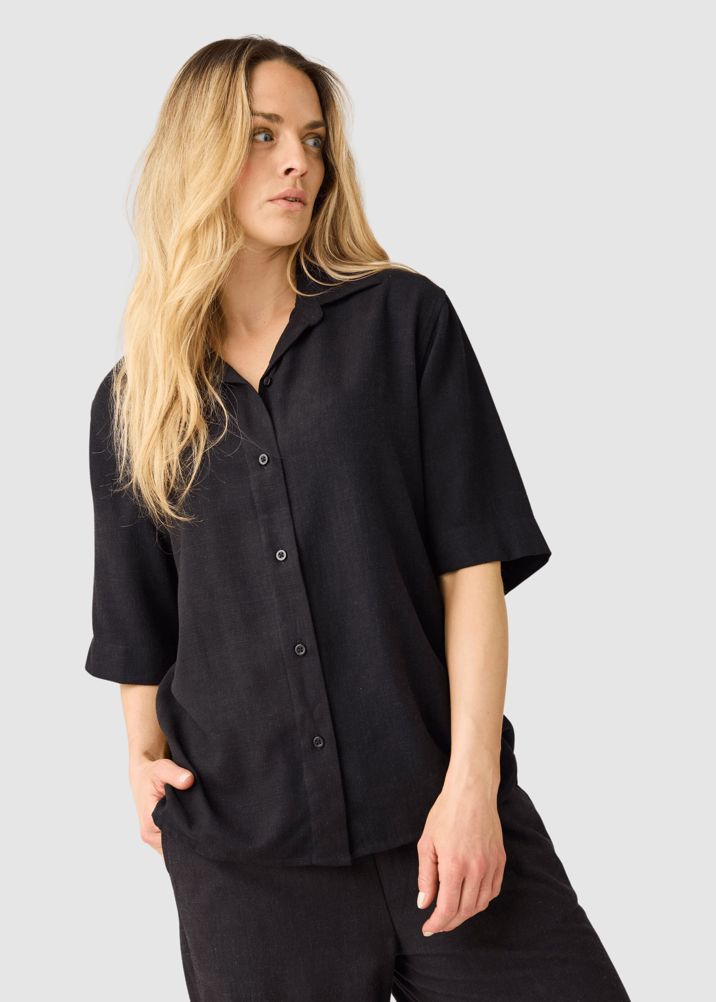 Loose Linen-MIX Short Sleeve Shirt Black Jet
