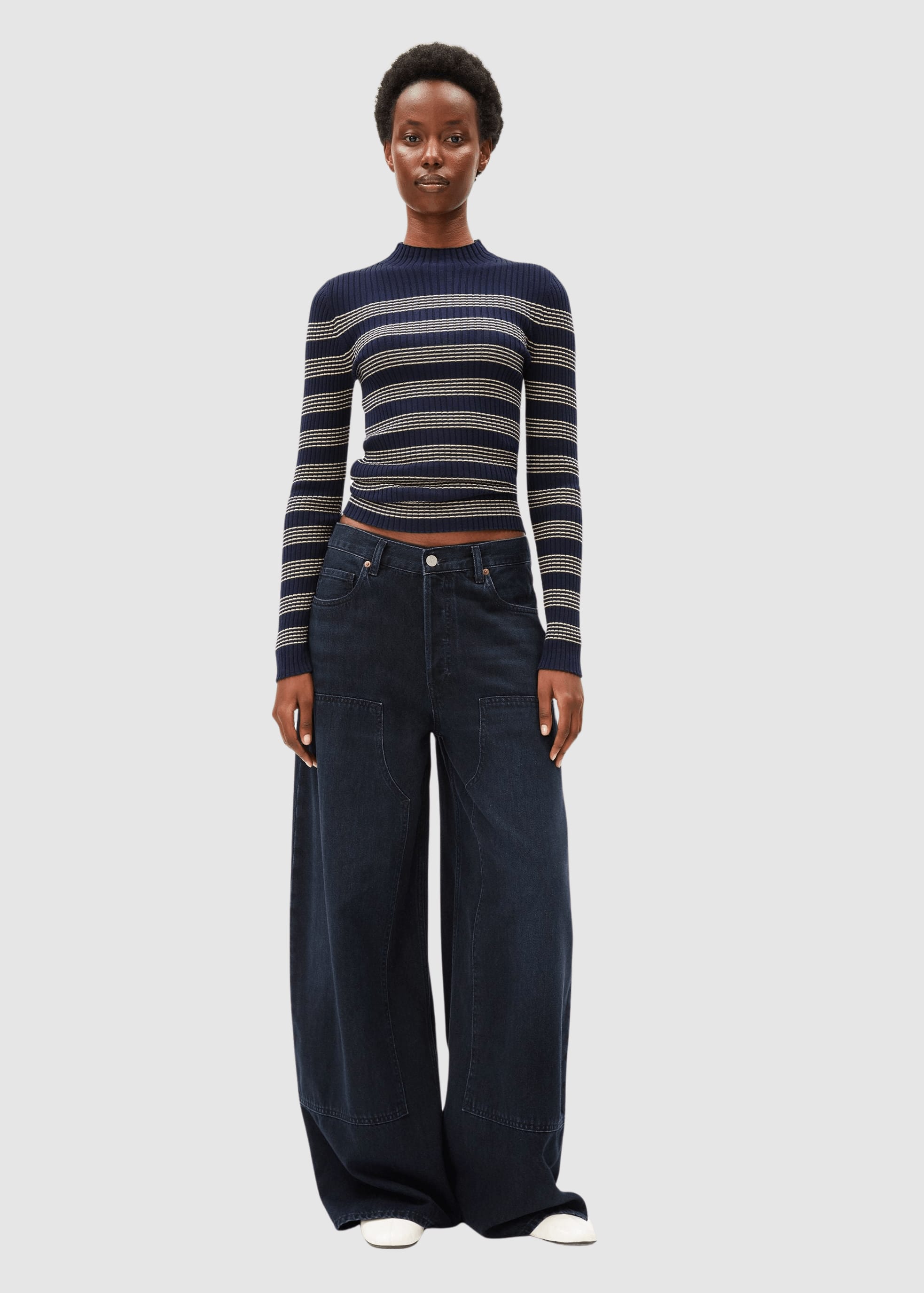 Alaania Striped Knit Sweater Tinted Navy Golden Hay