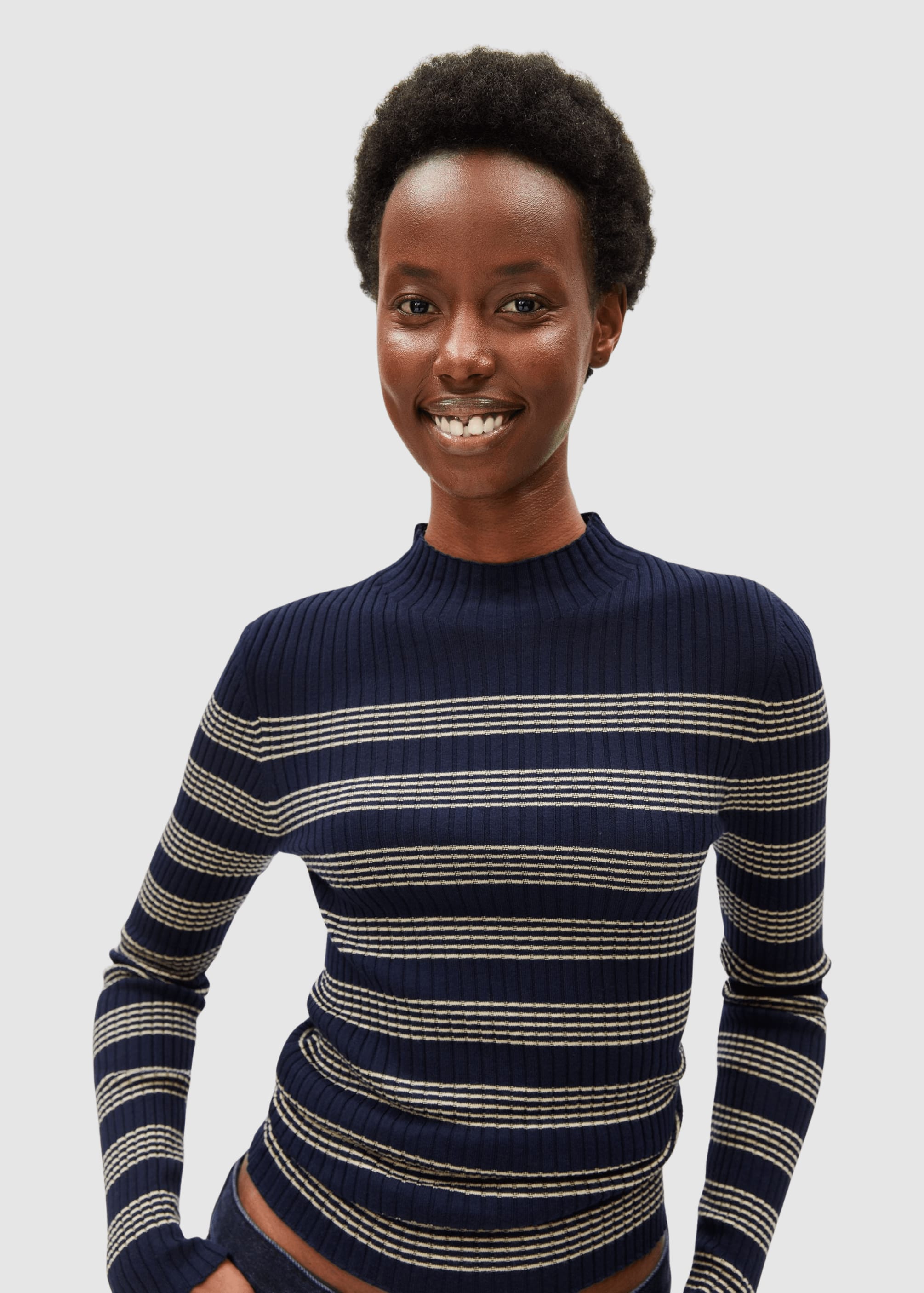 Alaania Striped Knit Sweater Tinted Navy Golden Hay