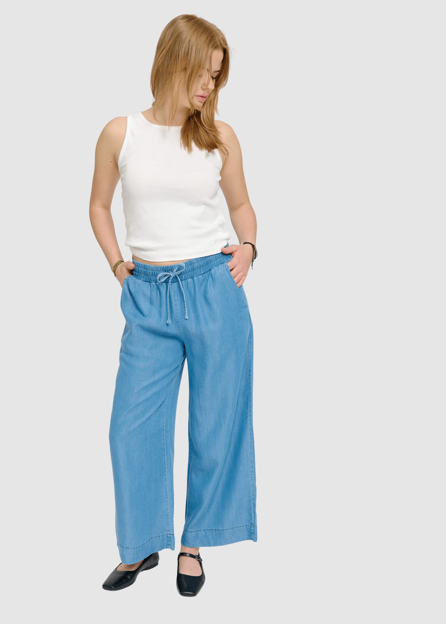 Wide Leg Tencel Pants Elastic Dark Blue Wash