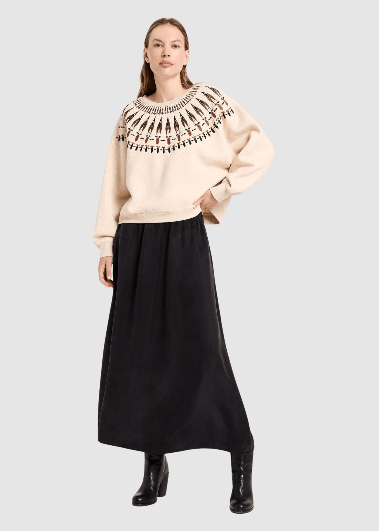 Statementsweatshirt Creme Melange/ Brown