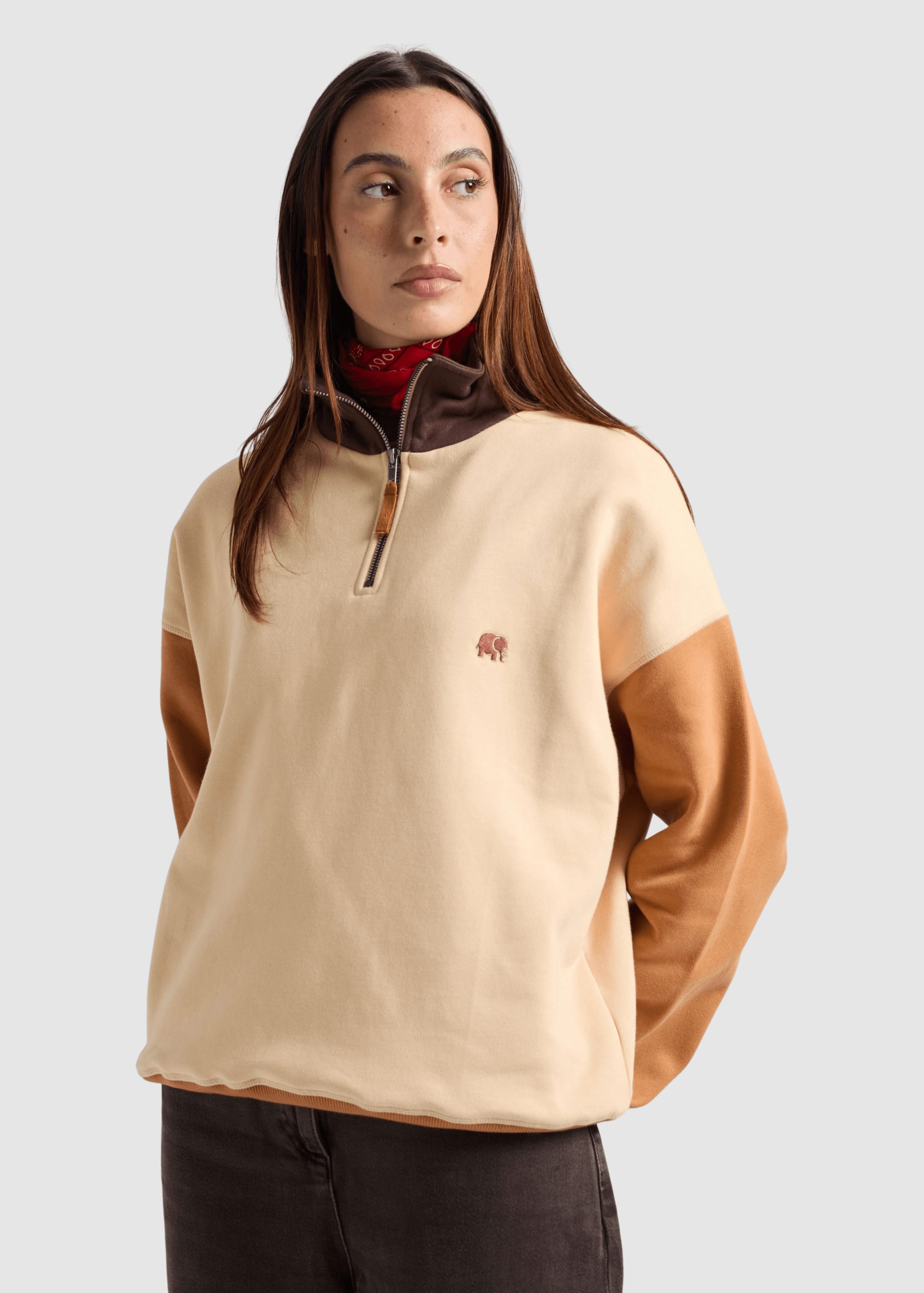 Women's Color Block Quarter Zip Sweatshirt Gray Sand Brown