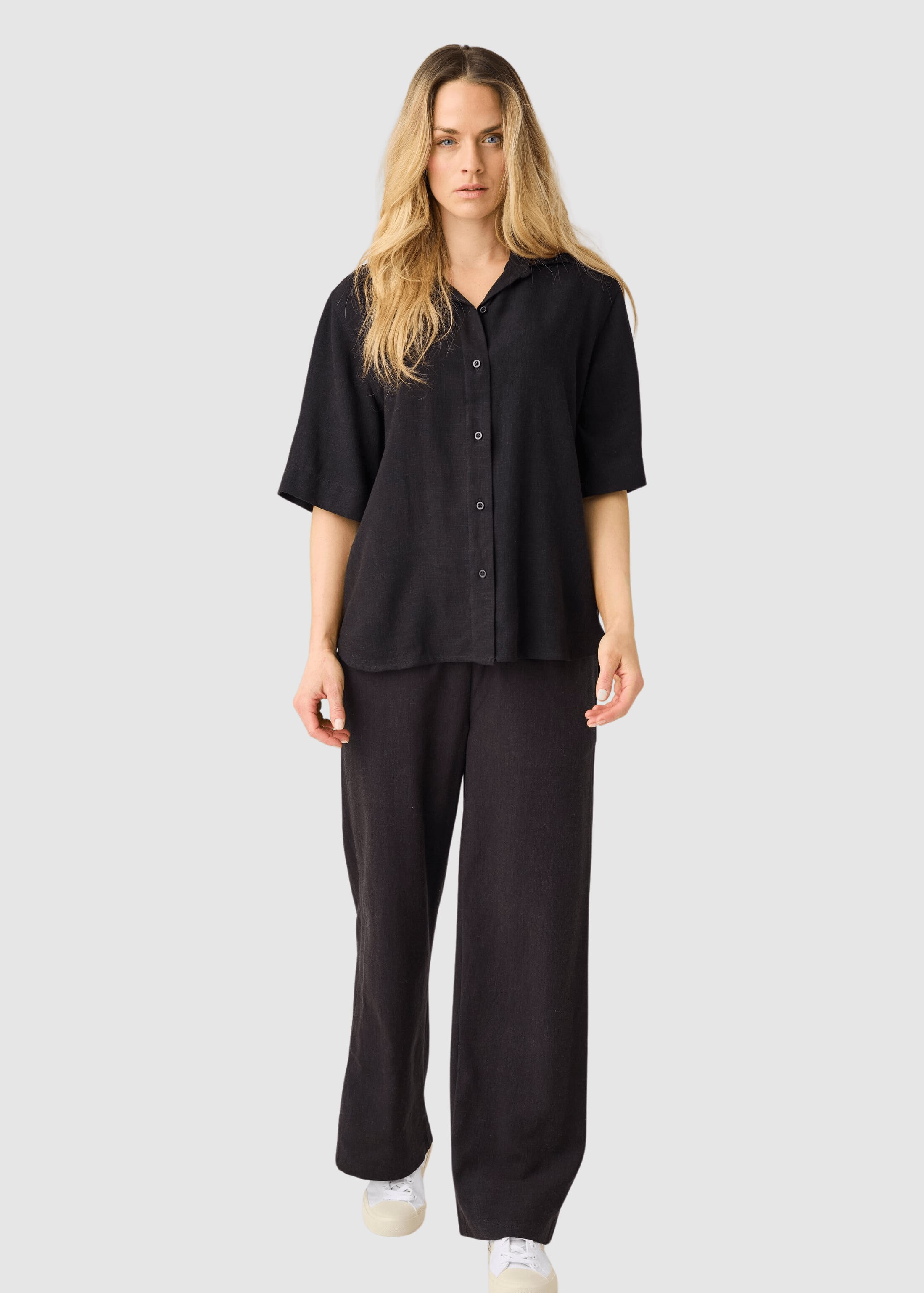 Loose Linen-MIX Short Sleeve Shirt Black Jet