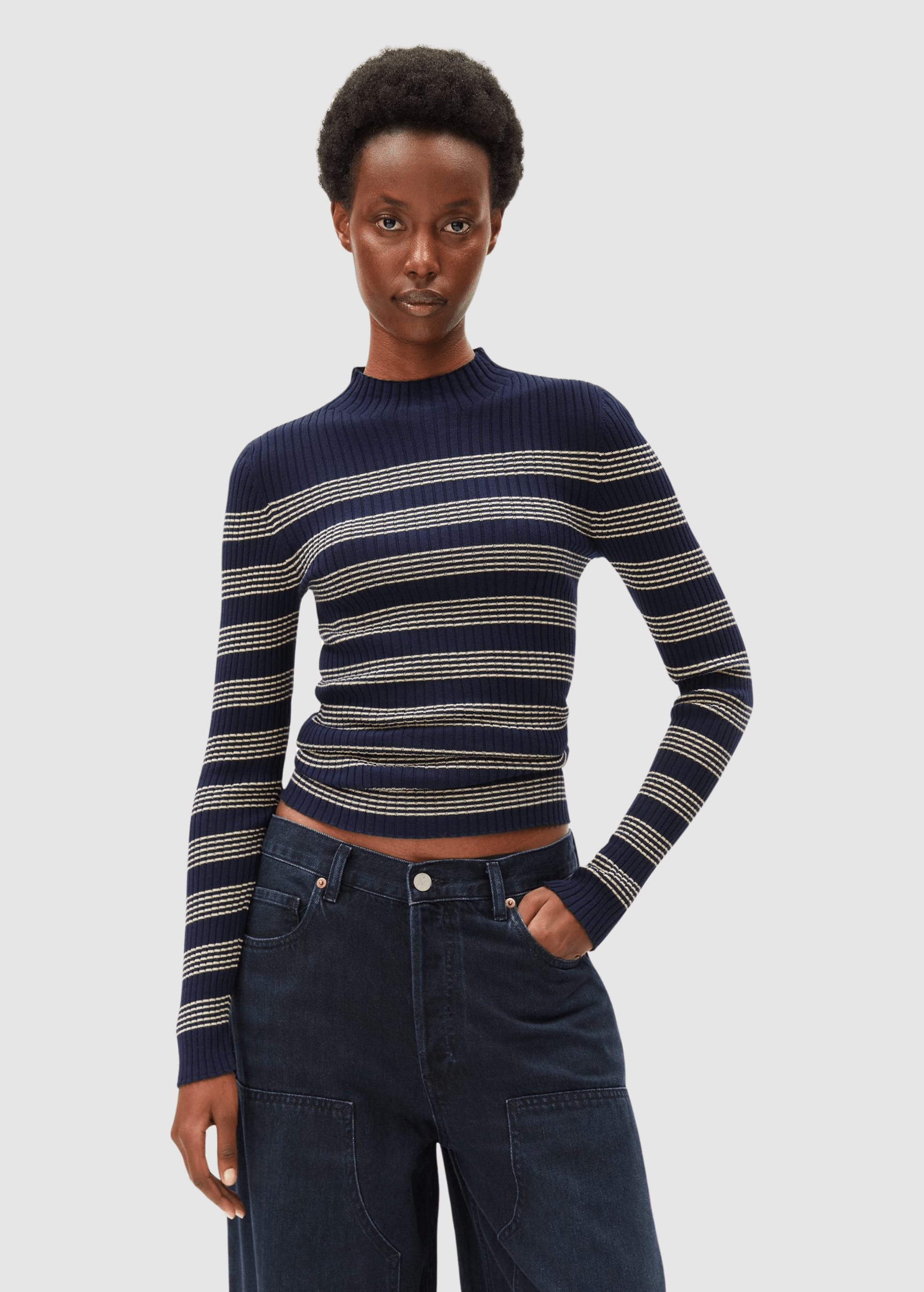 Alaania Striped Knit Sweater Tinted Navy Golden Hay